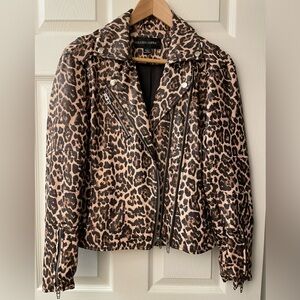 SMALL Colleen Lopez Vegan Leather Cropped Moto Jacket Leopard Animal Print NWOT